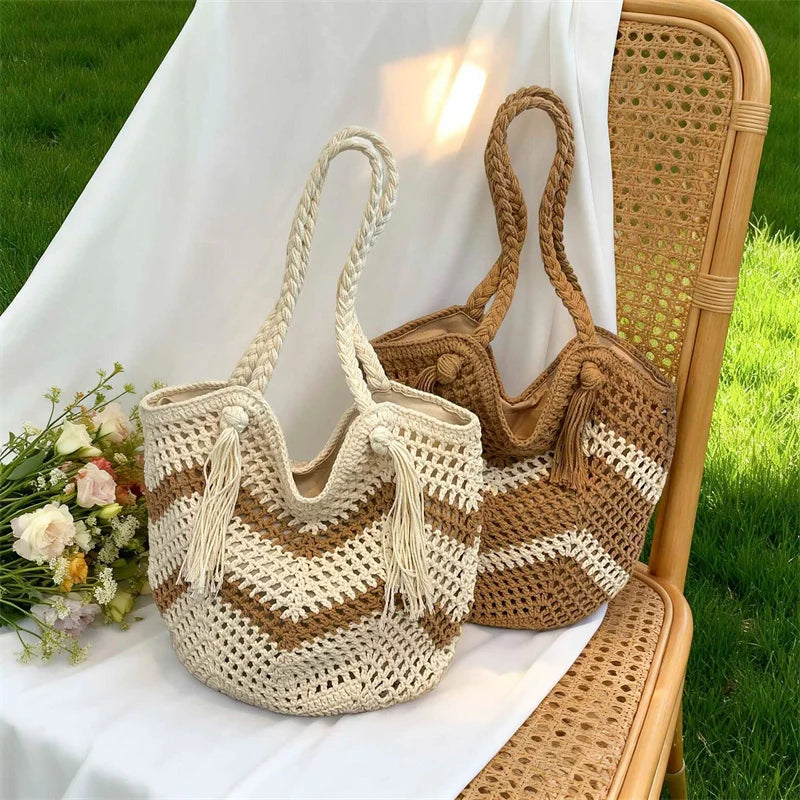 Hollow Flower Woven Cotton Tote Bag – Women's Beach Shoulder Bag Woven Tote Bag Richie's