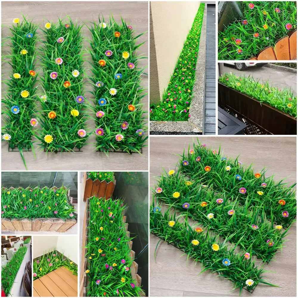 Artificial Grass Turf Mat with Flowers | Fake Green Lawn Decor Artificial Turf Mat Richie's