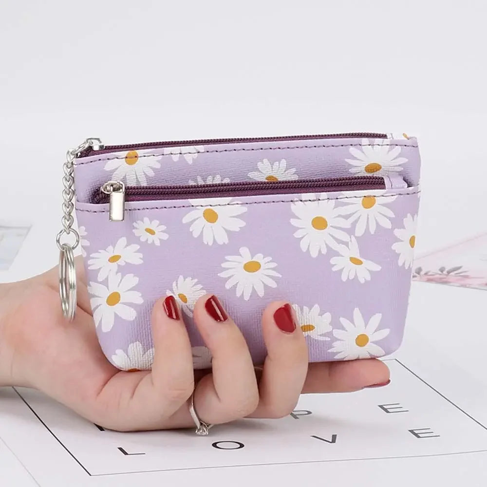 Daisy Print Coin Purse with Zipper & Keychain – Women's Wallet Coin Purse Wallet Richie's purple