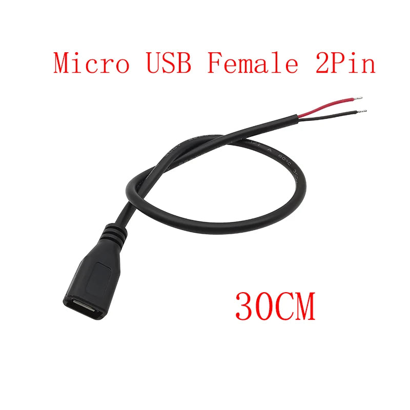 5Pcs Micro USB 2/4 Pin Male Female Connector DIY Charging Cable USB Connector Kit Richie's Female 2Pin 30CM