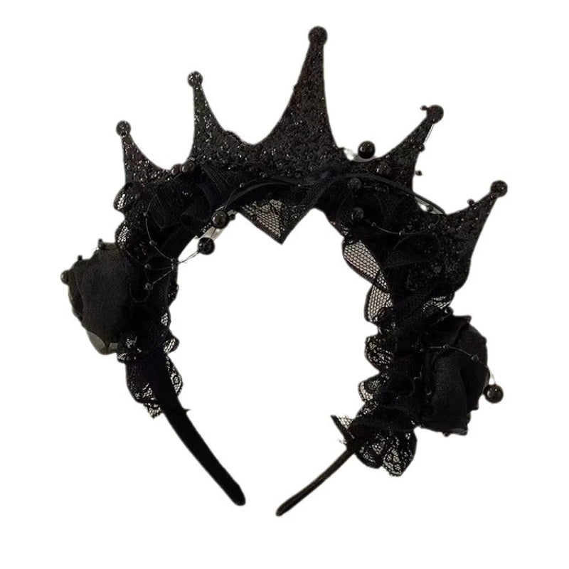 Black Rose Lace Crown Headband – Gothic Halloween Headpiece Costume Hair Accessory Richie's