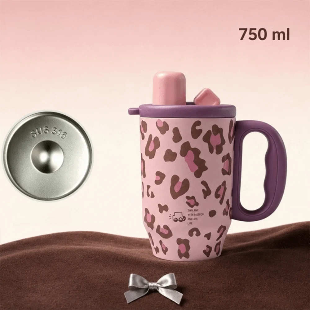 Leopard Print Insulated Tumbler 750ml with Handle & Straw Insulated Travel Tumbler Richie's Pink