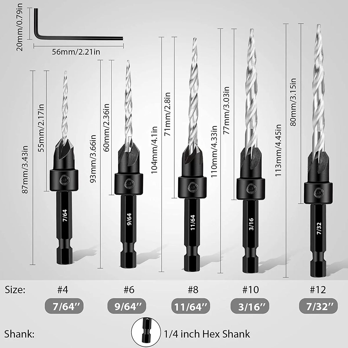 Wood Countersink Drill Bit Set 5/7Pc SAE Tapered 1/4" Hex Shank Countersink Drill Bits Richie's