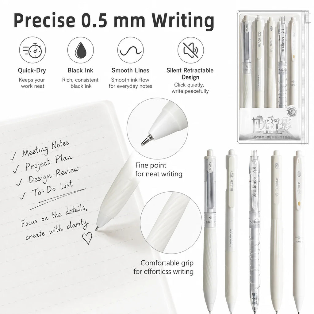 Silent Telescopic Gel Pens 0.5mm Black Ink – Set of 5 Gel Pen Set Richie's