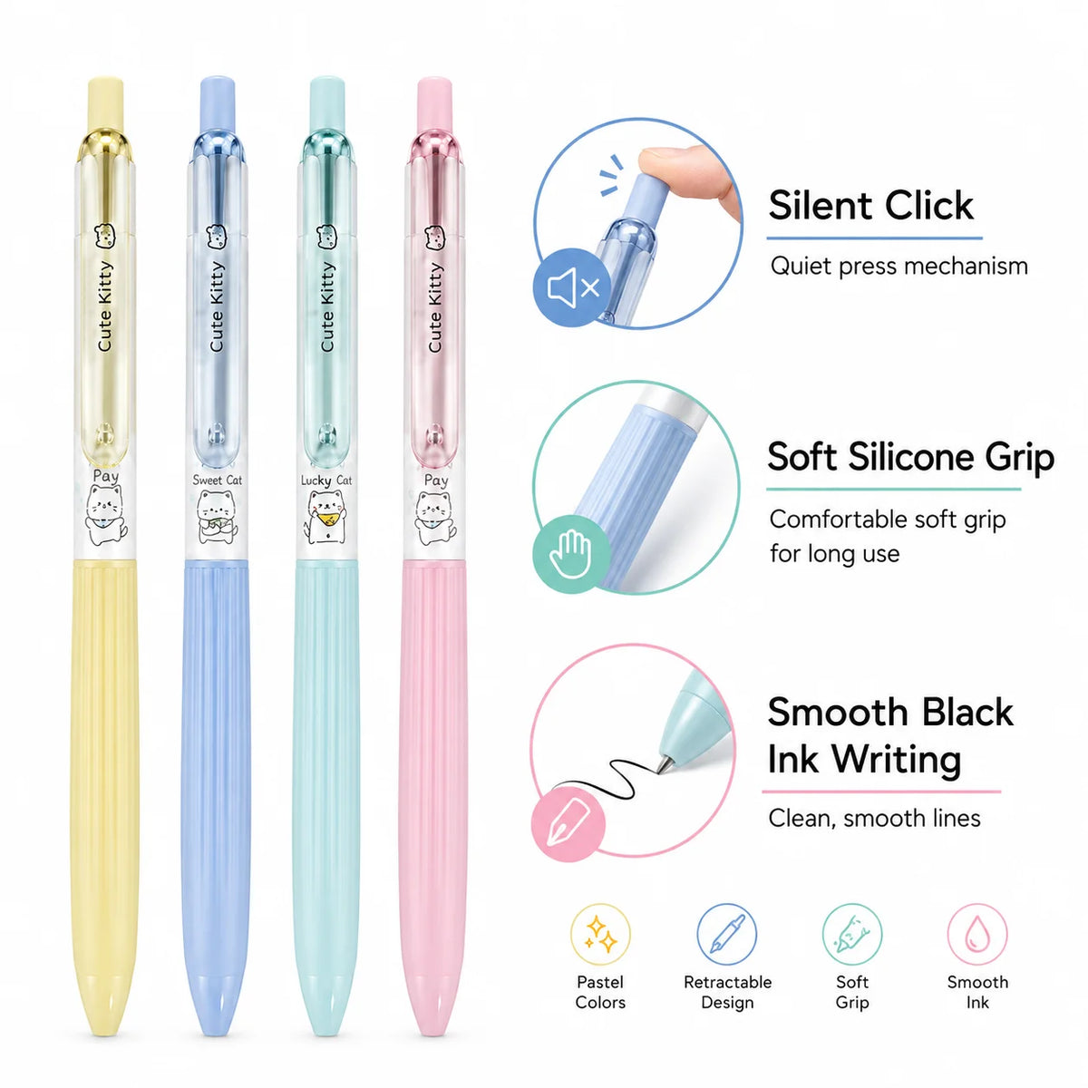 Silent Click Retractable Gel Pens 4-Pack | 0.5mm Black Ink Gel Ink Pens Richie's Default Title