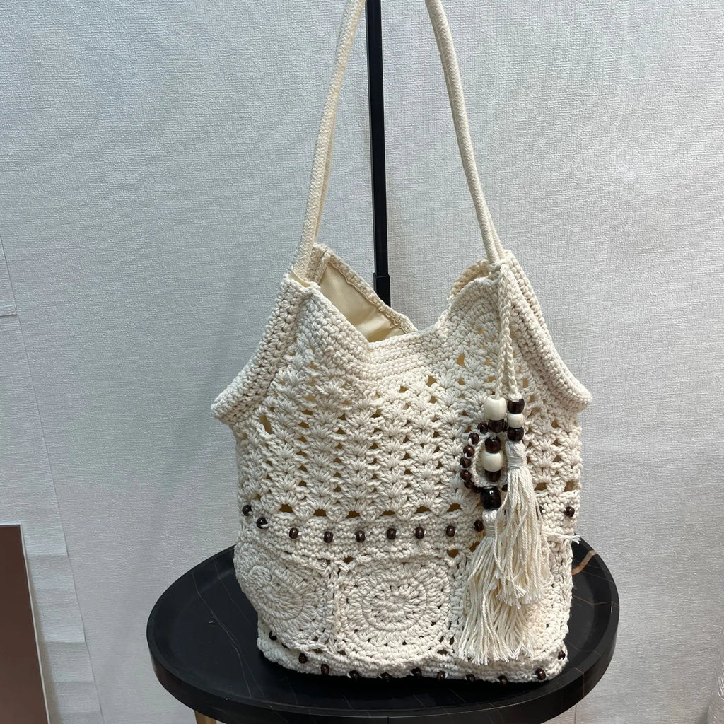 Women's Cotton Woven Shoulder Tote Bag – Wooden Bead Tassel Woven Shoulder Tote Richie's beige