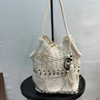 Women's Cotton Woven Shoulder Tote Bag – Wooden Bead Tassel Woven Shoulder Tote Richie's beige