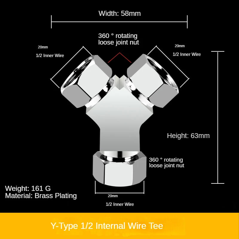 1/2" All-Brass Three-Way Faucet Splitter | 1-In-2-Out Fitting Brass Pipe Fitting Richie's 11