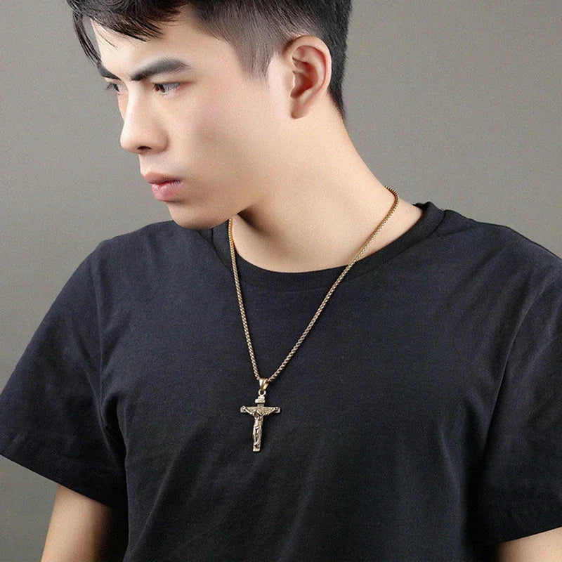 Sacred Crucifix Cross Pendant Necklace – Gold & Silver Steel Cross Pendant Necklace Richie's