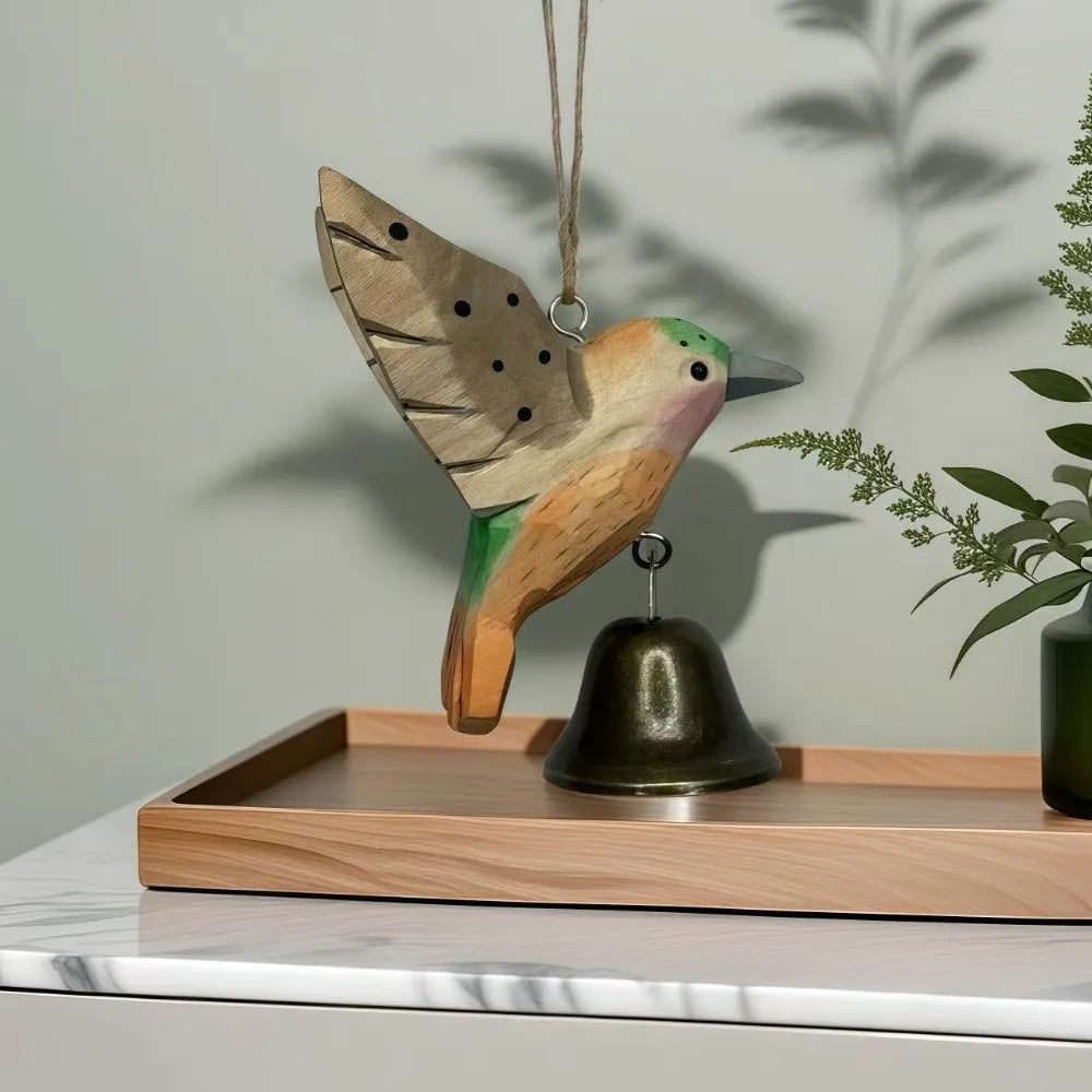 Hand-Carved Hummingbird Wood Figurine with Bell Wind Chime Wood Bird Figurine Richie's