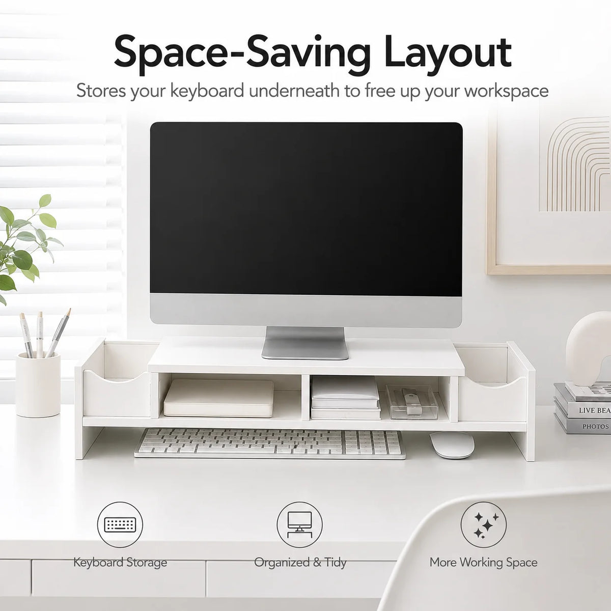 White Monitor Stand Riser with Storage Cubbies | Desk Organizer Monitor Stand Riser Richie's Default Title