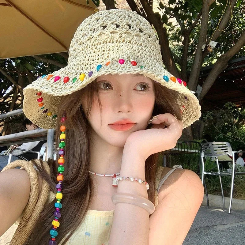 Women's Handmade Crochet Straw Bucket Hat – Wide Brim Beach Straw Bucket Hat Richie's beige 1