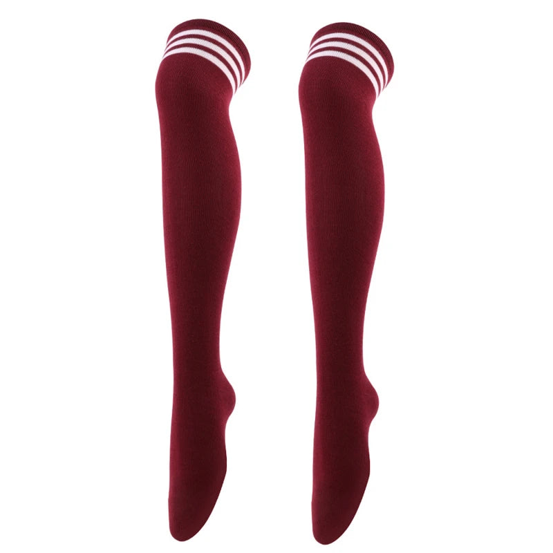 Women's Striped Thigh High Socks | Over-Knee Academic Style Thigh High Socks Richie's Wine Red white One Size