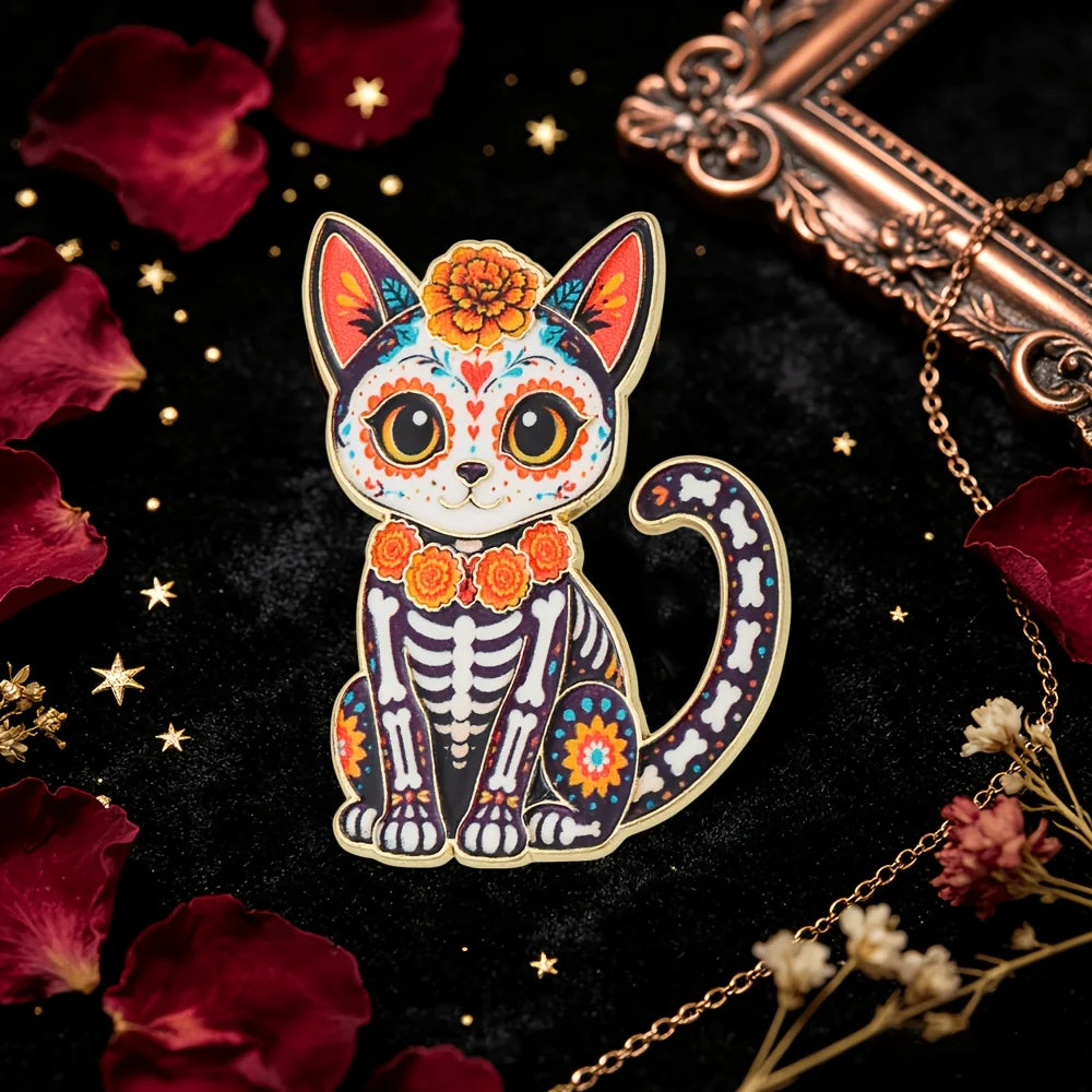 Day of the Dead Skeleton Cat Enamel Pin | Día de Muertos Enamel Lapel Pin Richie's