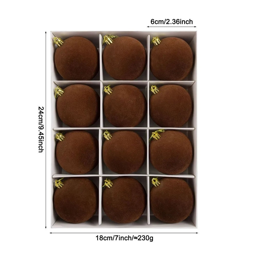 12pcs Flocked Christmas Ball Ornaments Vintage 6cm Set Christmas Ball Ornaments Richie's Brown