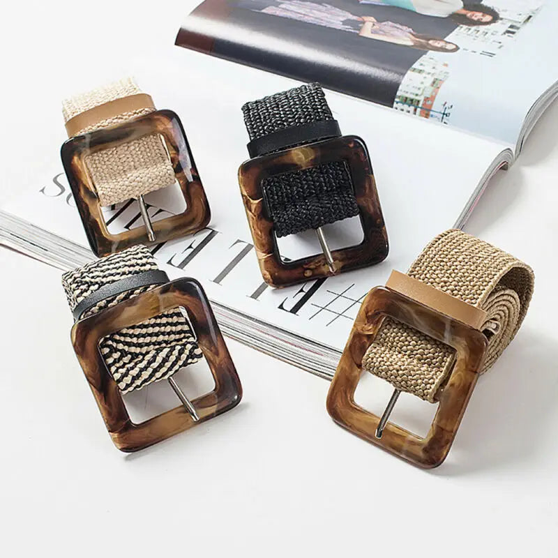 Women's Wide Woven Straw Belt – Elastic Carved Wood Buckle Wide Fashion Belt Richie's
