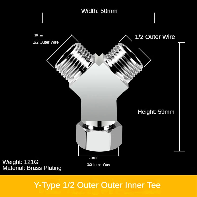1/2" All-Brass Three-Way Faucet Splitter | 1-In-2-Out Fitting Brass Pipe Fitting Richie's 13