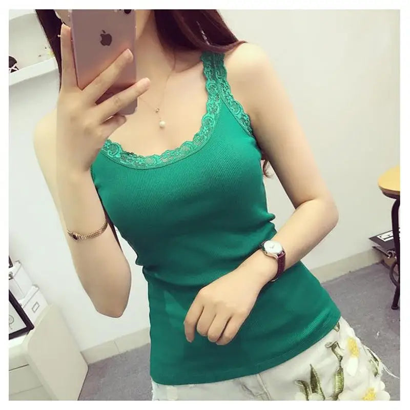 Women's Sleeveless Lace Cotton Tank Top – White & Black Lace Tank Top Richie's Grass green One Size