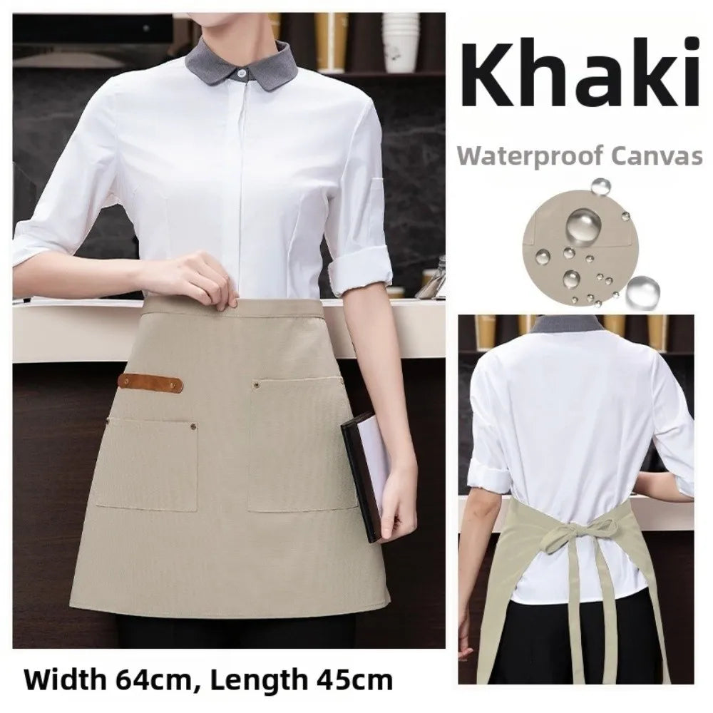 Canvas Half Apron Multi-Pocket Waterproof Kitchen Restaurant Kitchen Apron Richie's Khaki-Short
