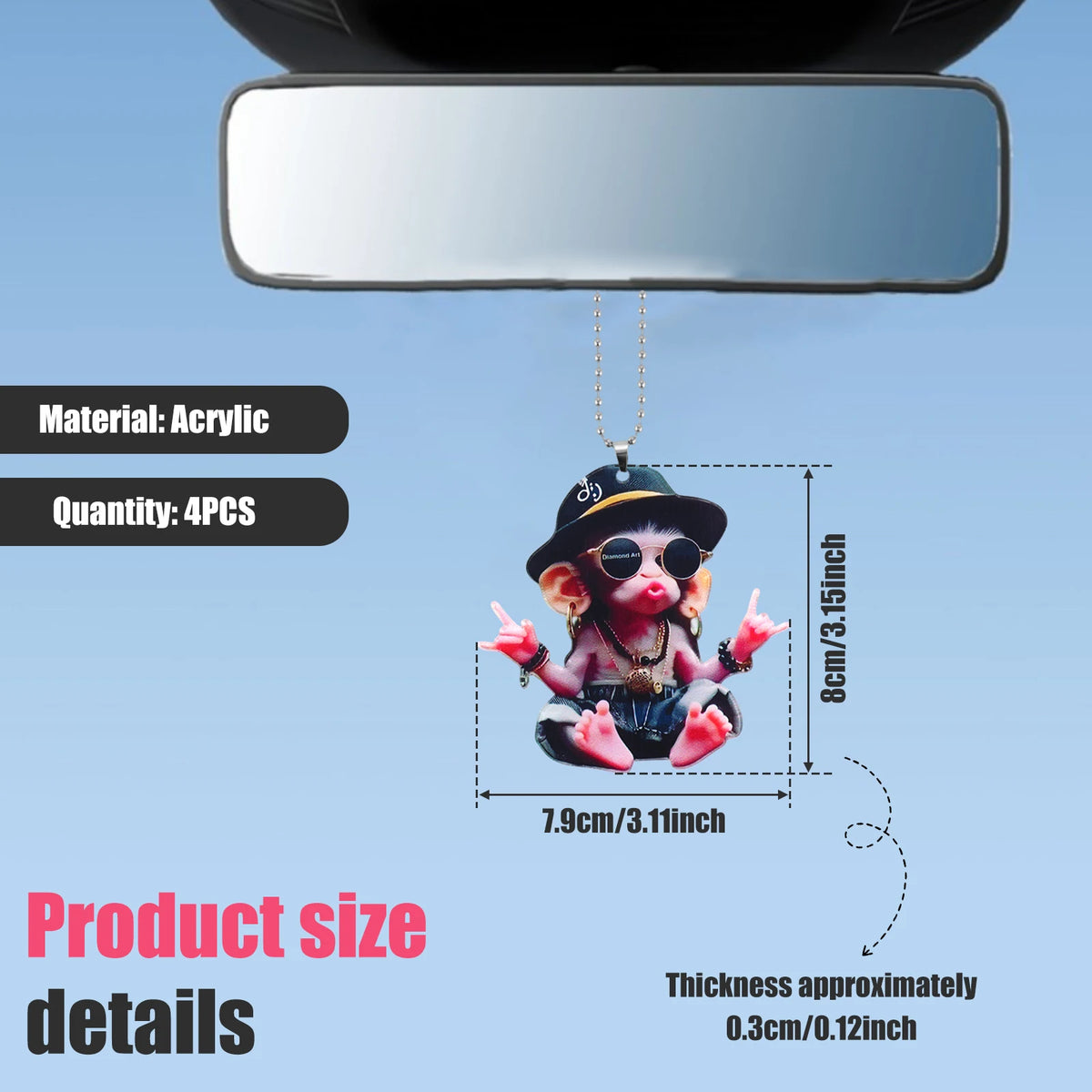 4 Pcs 2D Acrylic Hip Hop Monkey Car Rearview Mirror Charms Car Interior Charm Richie's