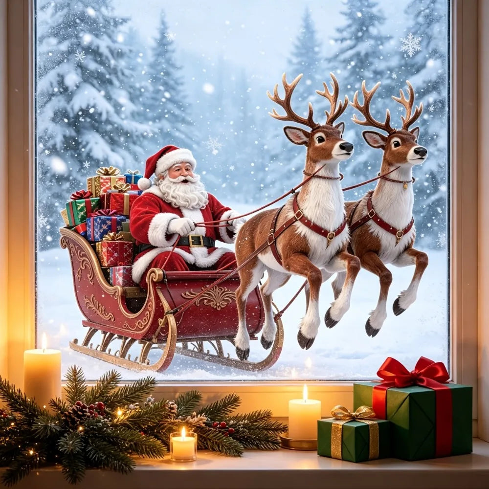 Santa Reindeer Sleigh Christmas Static Window Clings – Glue-Free Christmas Window Clings Richie's