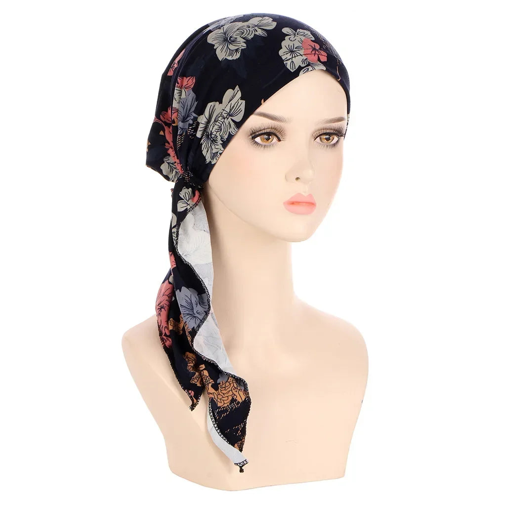 Women's Floral Turban Hijab Stretch Pre-Tied Head Wrap Cap Turban Head Wrap Richie's navy blue pink flowe