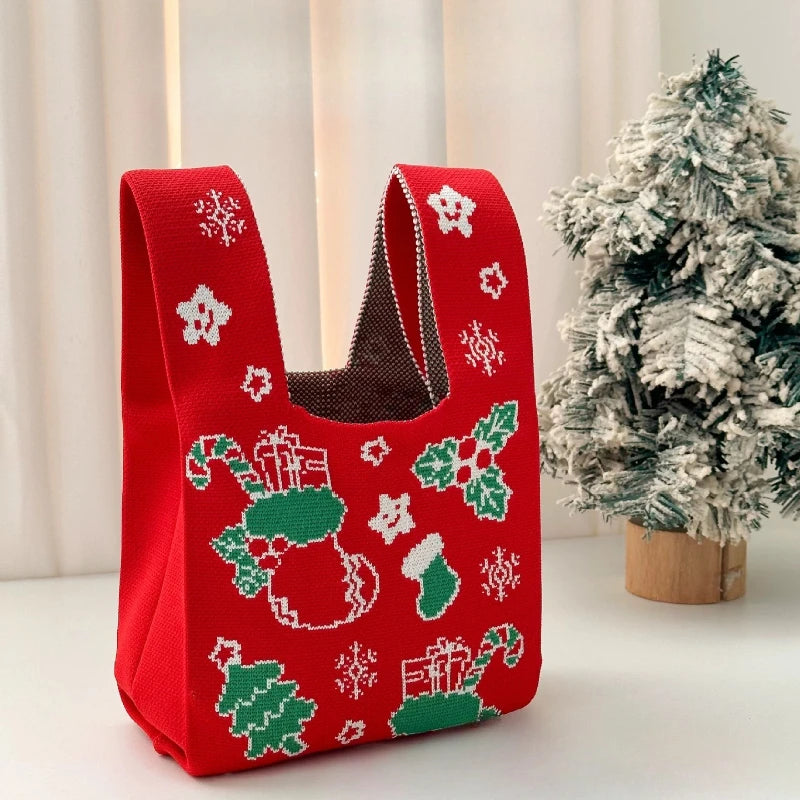 Christmas Knitted Spandex Tote Bag – Santa & Tree Gift Bag Holiday Gift Tote Bag Richie's A 1pc 20X35 CM