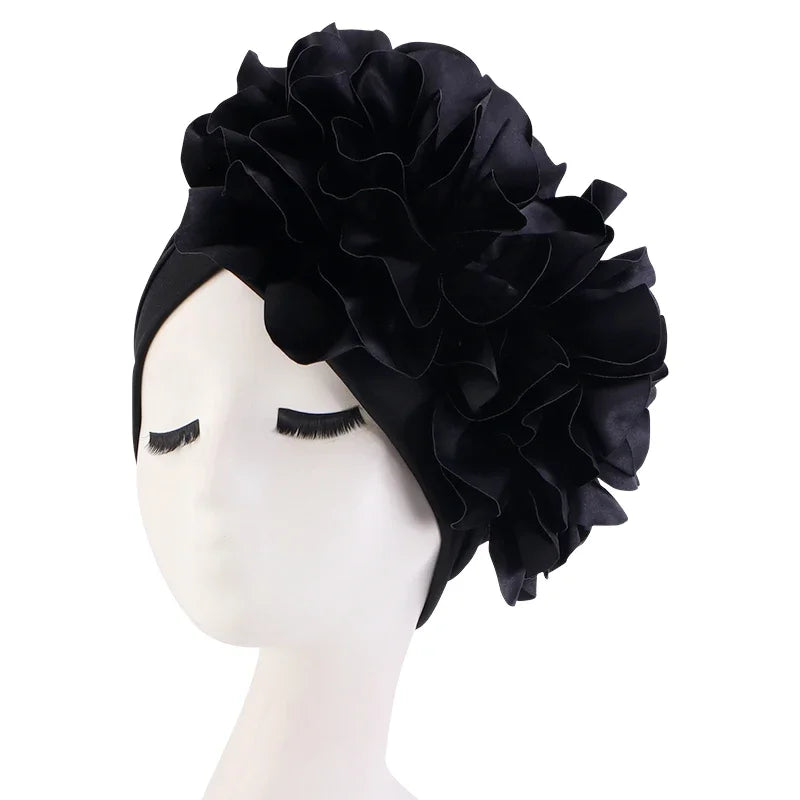 Women's Muslim Hijab Cap Flower Turban Bonnet – 11 Colors Hijab Turban Cap Richie's black One Size