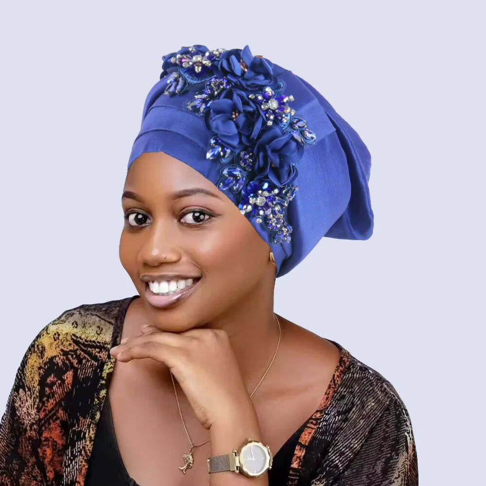 Women's Crinkle Headwrap African Headtie Rhinestone Flower Cap Fashion Headwrap Richie's sapphire
