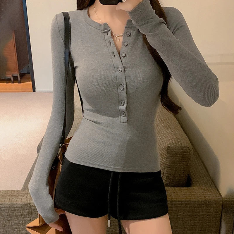 Women's Button Long Sleeve Slim Fit T-Shirt – Solid Casual Tee Women's Long Sleeve Tee Richie's