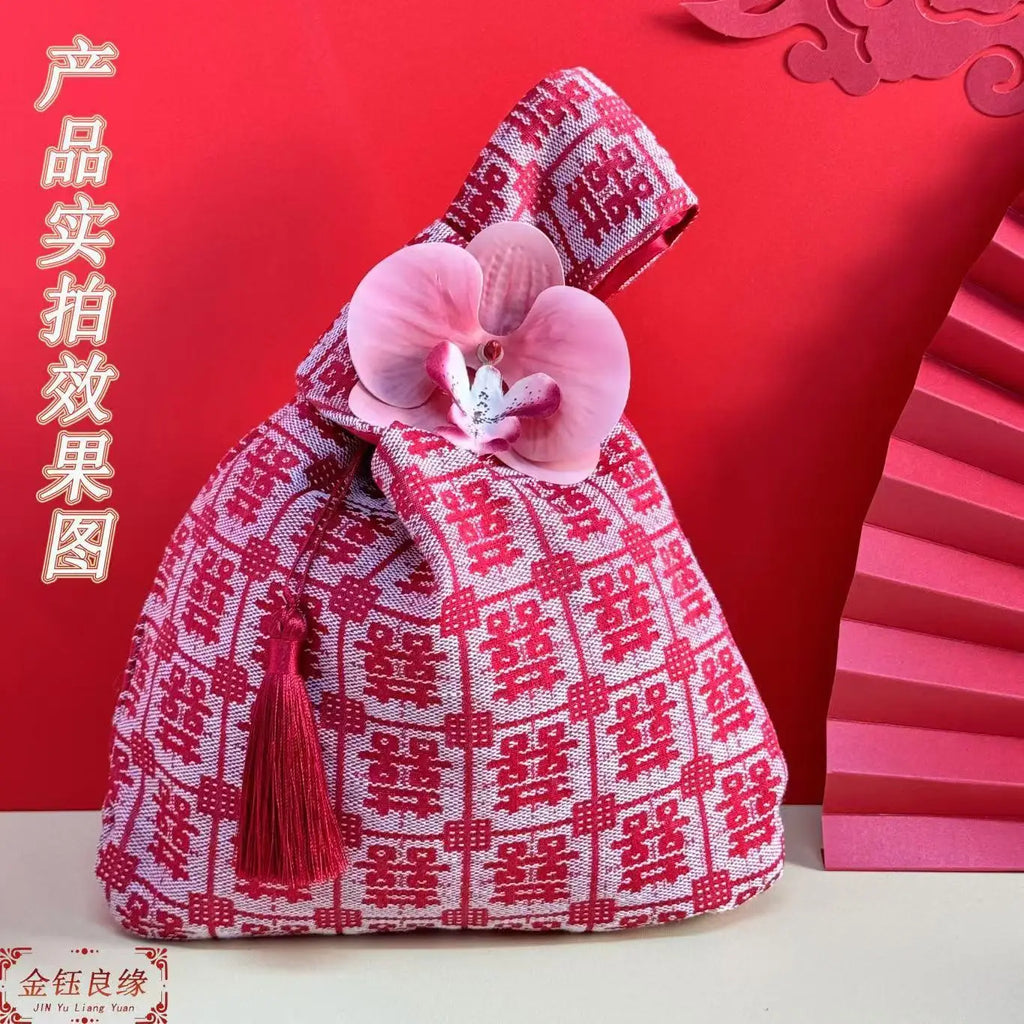 Chinese Tassel Wrist Bag Embroidery Hanfu Wedding Gift Pouch Wrist Bag Richie's red 3 with flowers