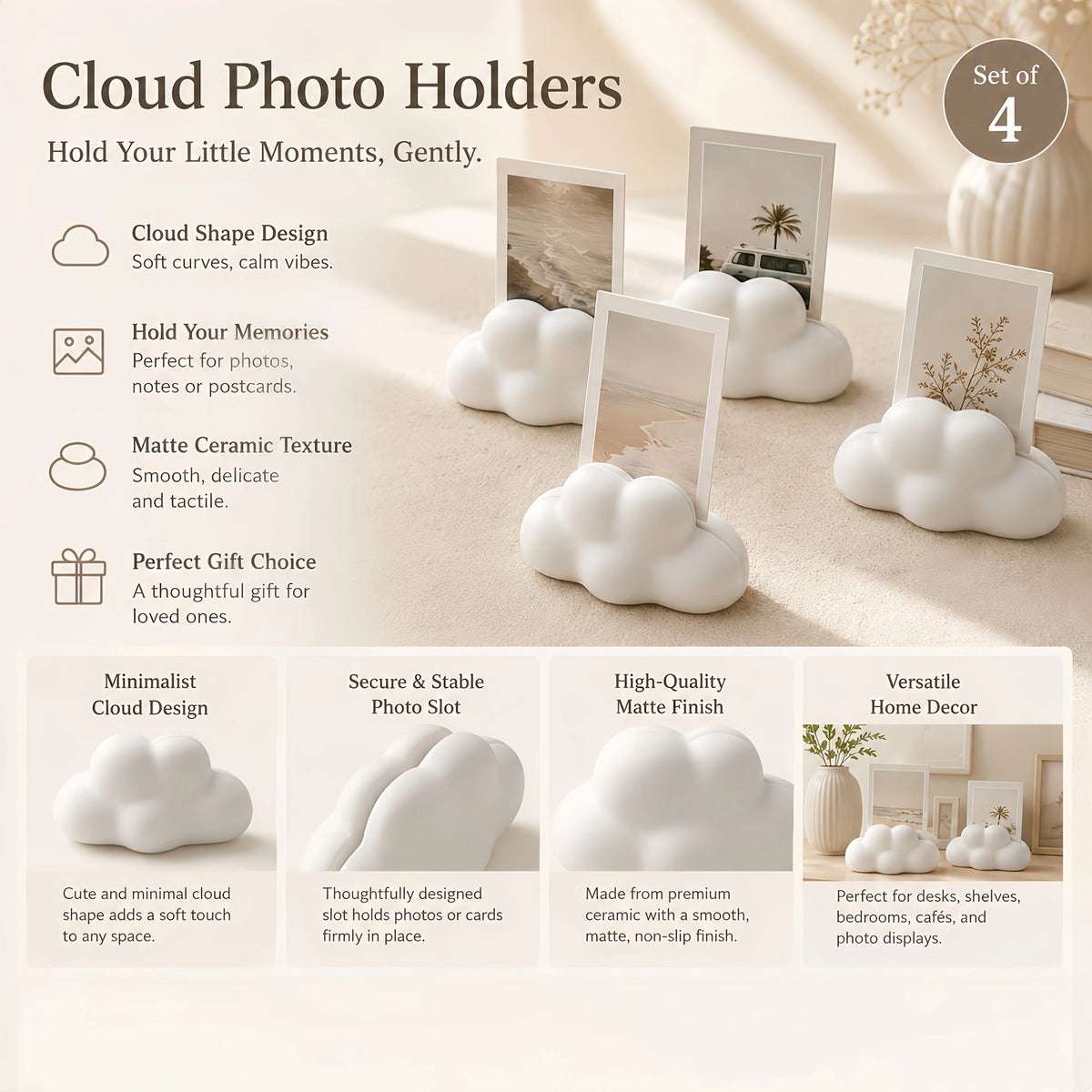 4-Pack Cloud Photo Holder Desktop Stand for Cards & Notes Desktop Photo Stand Richie's