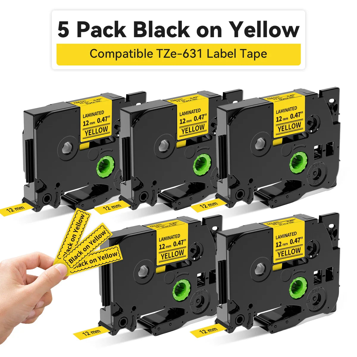 5-Pack TZe-231 Laminated Label Tape – Brother P-Touch Compatible Label Printer Tape Richie's 5PK Black on Yellow 6mm