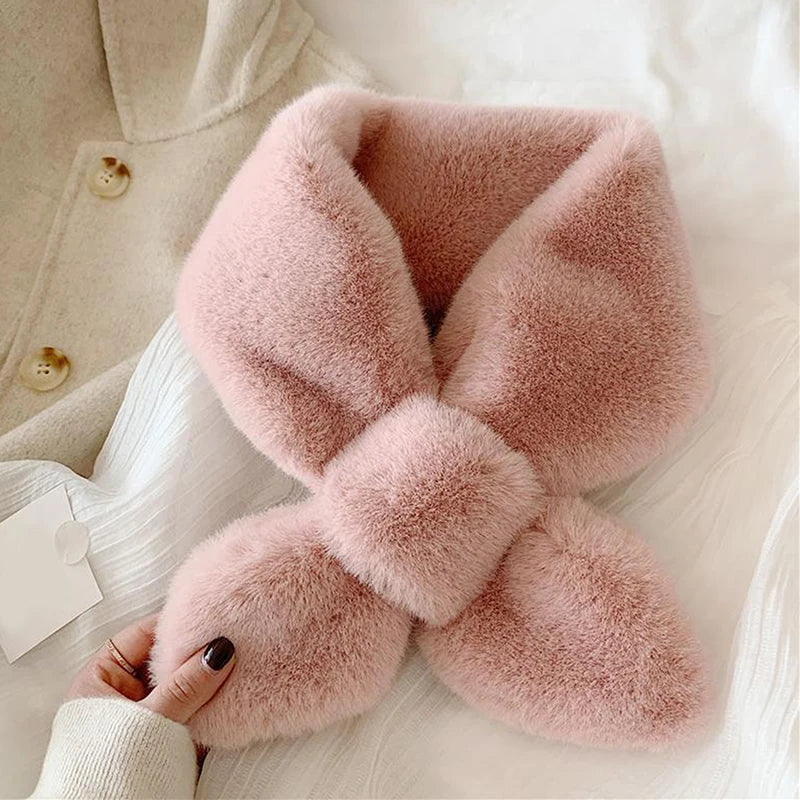 Women's Faux Rabbit Fur Cross Collar Scarf – Plush Wrap Faux Fur Scarf Richie's