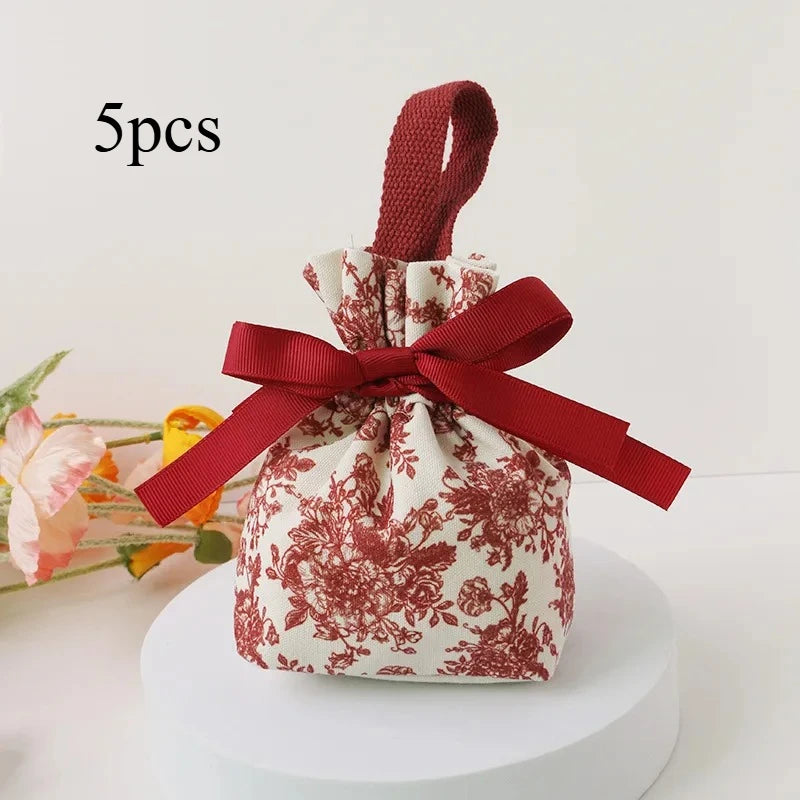 5pcs Red Velvet Drawstring Gift Bags Floral Ribbon Bow | Canvas Velvet Gift Bags Richie's 5pcs