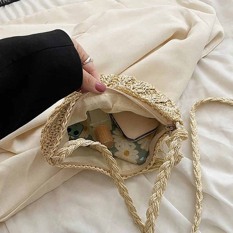 Handmade Straw Woven Semicircle Crossbody Bag | Boho Beach Bag Woven Crossbody Bag Richie's