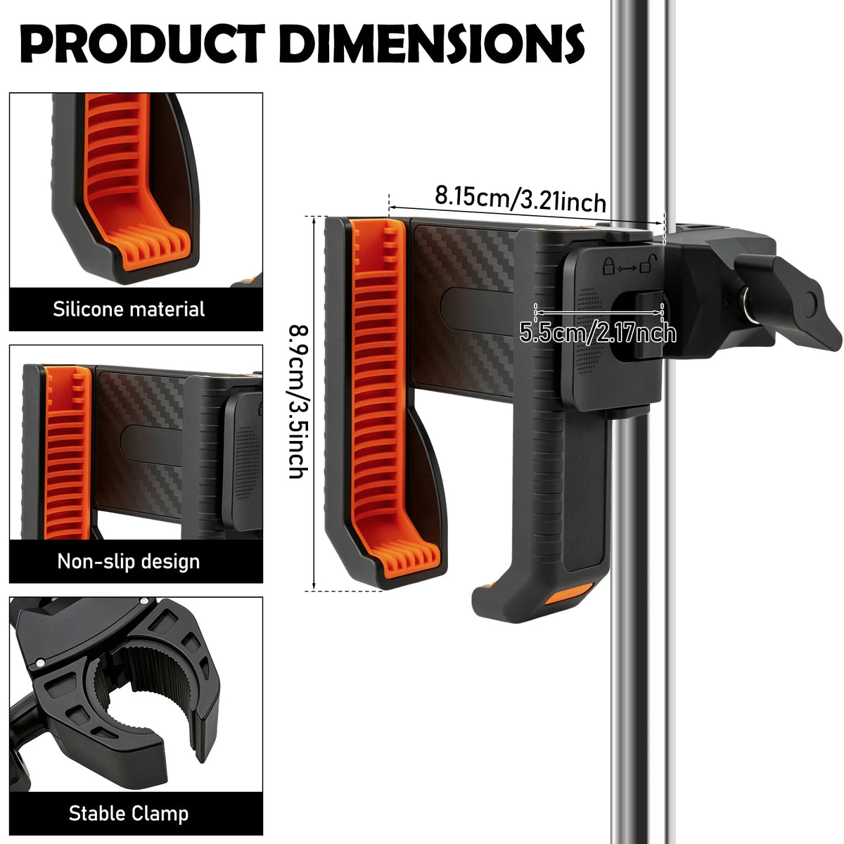 Golf Cart Phone Holder – Tool-Free Anti-Shake Universal Mount Phone Handlebar Mount Richie's Orange black