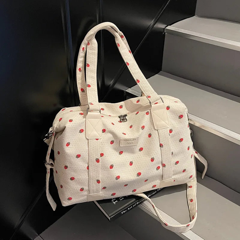Strawberry Corduroy Travel Bag – Large Crossbody Duffel Travel Duffel Bag Richie's Creamy-white