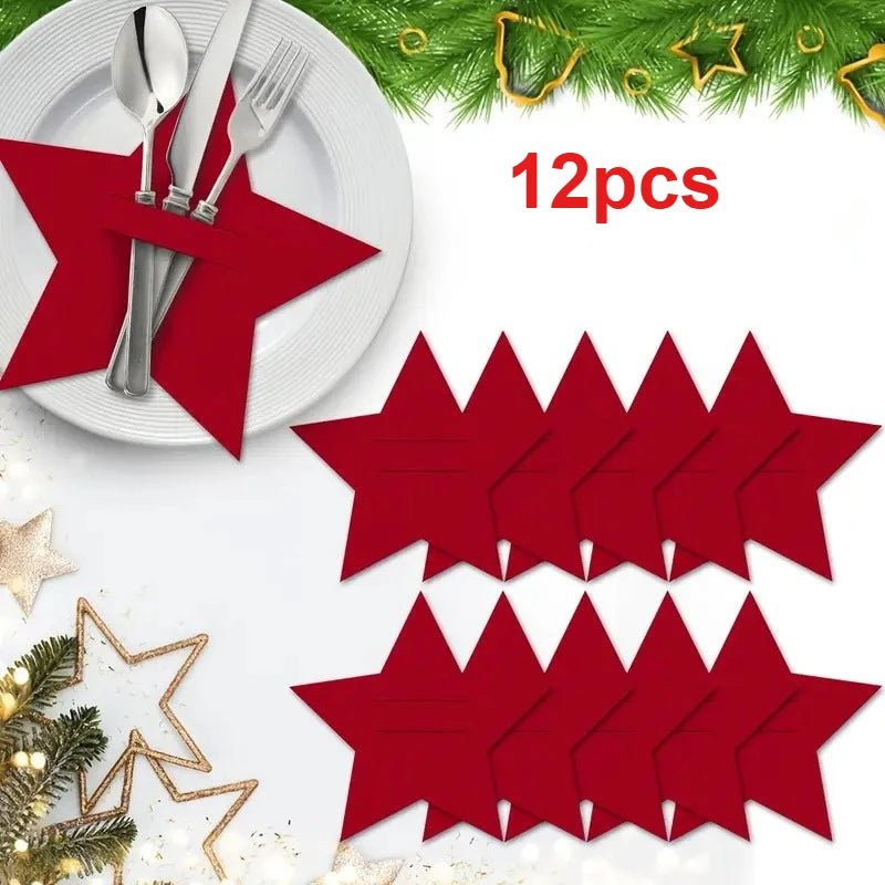 12pcs Christmas Star Felt Table Mats & Cutlery Bag Set Christmas Table Mats Richie's Red 12pcs