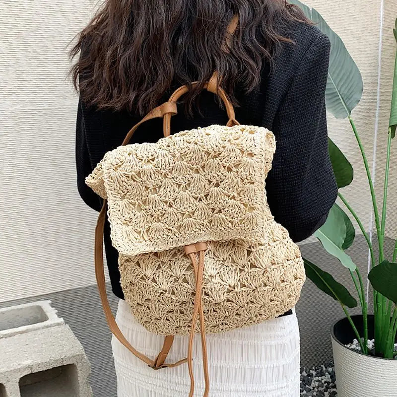 Women's Woven Straw Rattan Backpack | Boho Beach Rucksack Woven Straw Backpack Richie's
