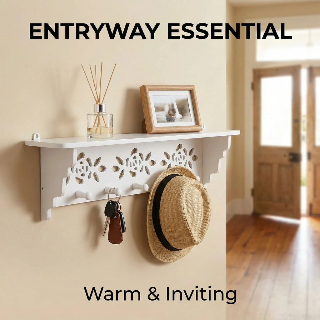 Floral Carved Wall Mount Coat Rack with Shelf & 5 Hooks Wall Mount Coat Rack Richie's Default Title