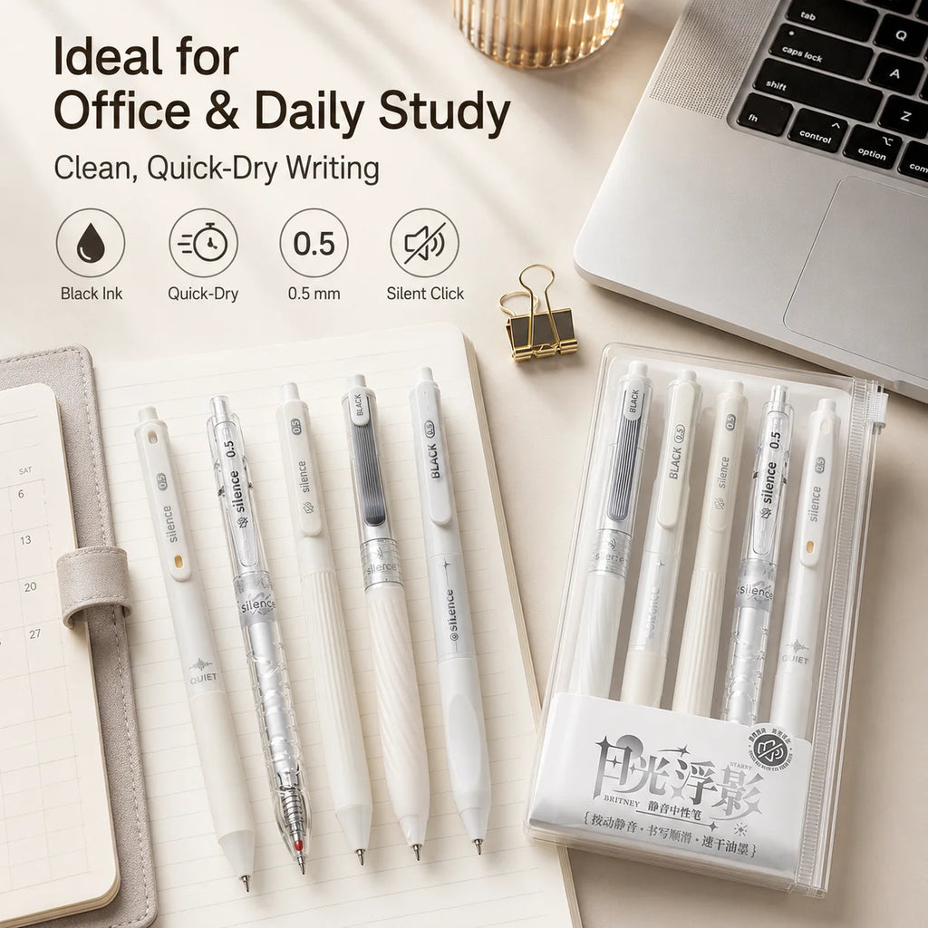Silent Telescopic Gel Pens 0.5mm Black Ink – Set of 5 Gel Pen Set Richie's black