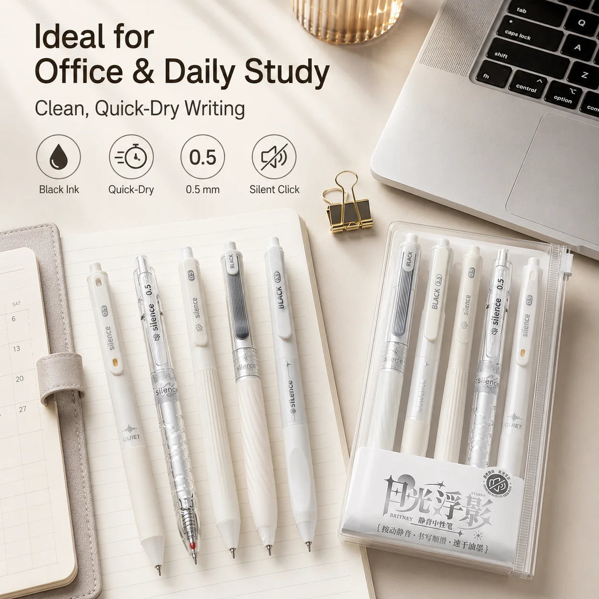 Silent Telescopic Gel Pens 0.5mm Black Ink – Set of 5 Gel Pen Set Richie's black