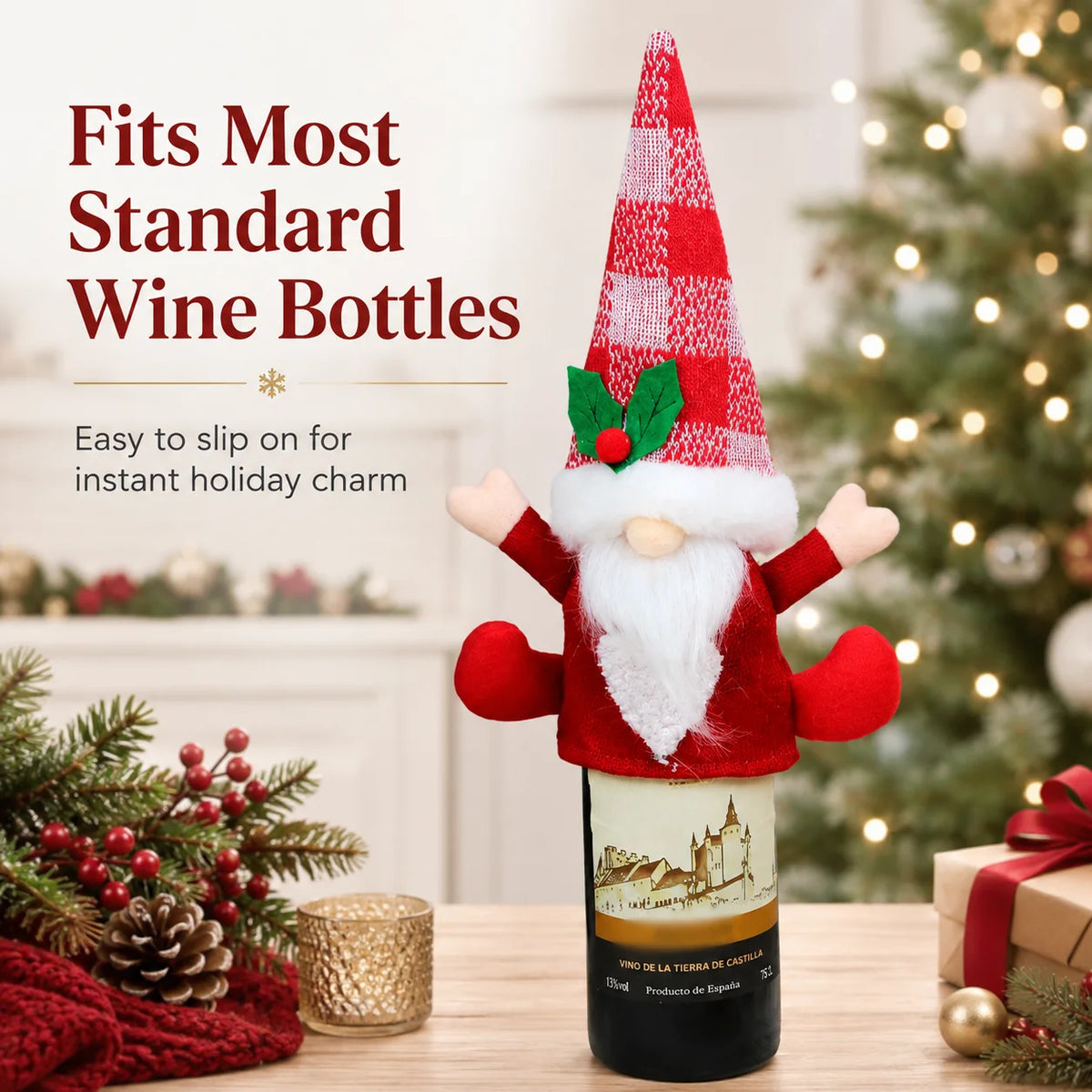 Christmas Gnome Knit Wine Bottle Cover | Holly Berry Xmas Decor Wine Bottle Cover Richie's