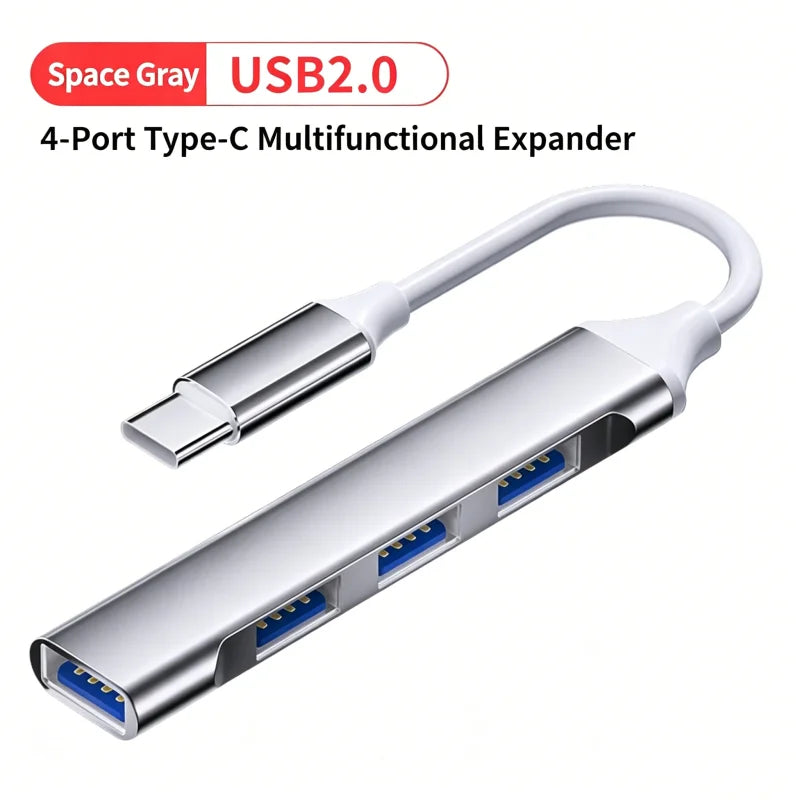 FUCHU 4-in-1 USB 2.0 Hub – USB-C & USB-A, 4 Ports USB Hub Richie's Grey Type C