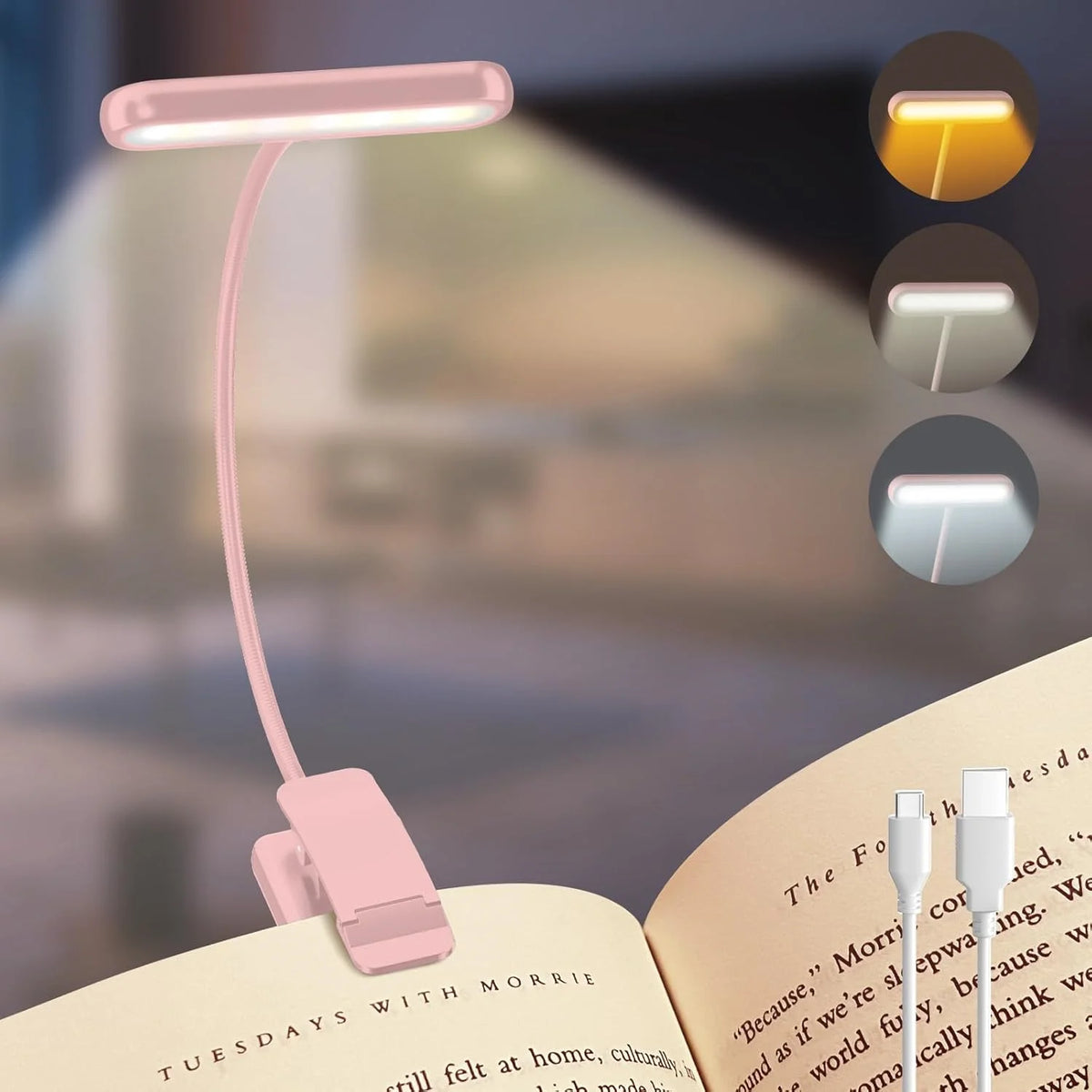 Pink USB Rechargeable Clip Book Light – 3-Color LED Reading Lamp Clip-On Book Light Richie's
