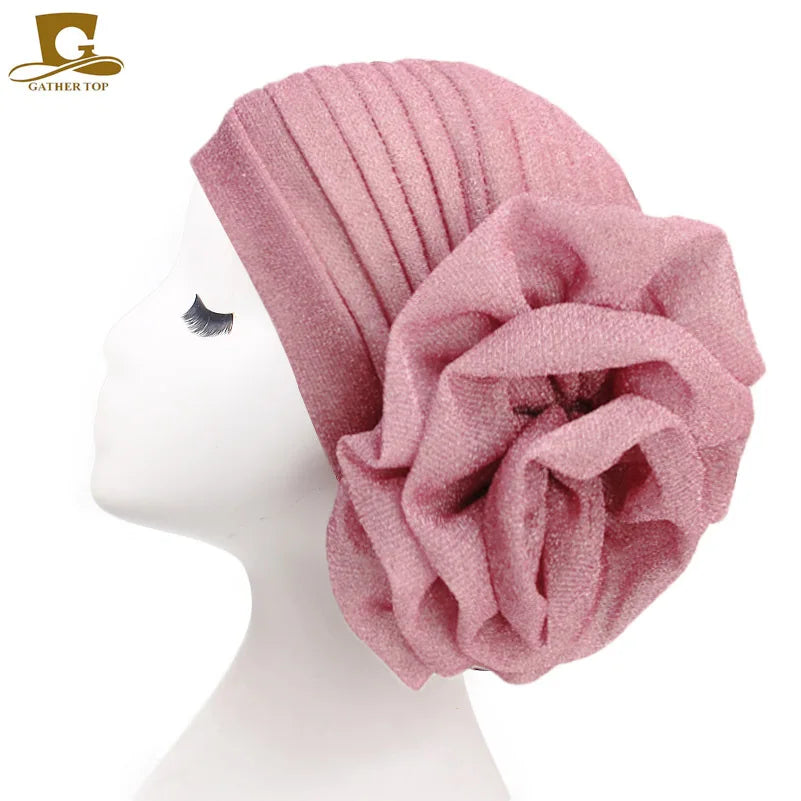 Women Pleated Flower Turban Hat Stretch Hijab Cap Head Wrap Turban Hijab Cap Richie's Pink