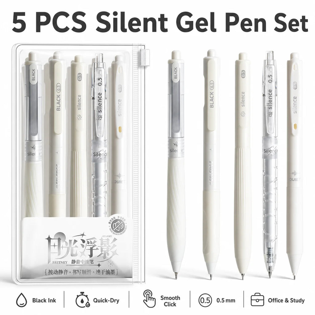Silent Telescopic Gel Pens 0.5mm Black Ink – Set of 5 Gel Pen Set Richie's