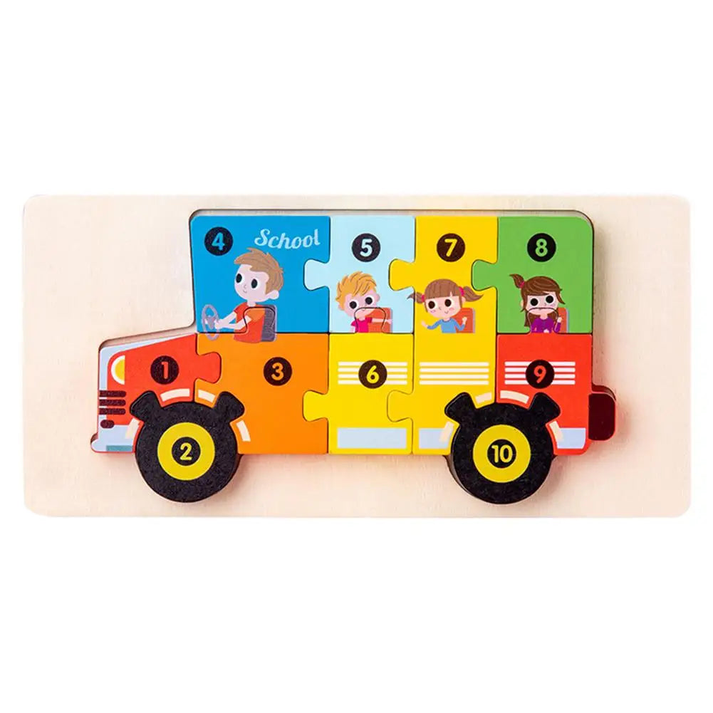 Wooden 3D Jigsaw Puzzle for Toddlers – Animals & Vehicles Wooden Kids Puzzle Richie's schoolbus