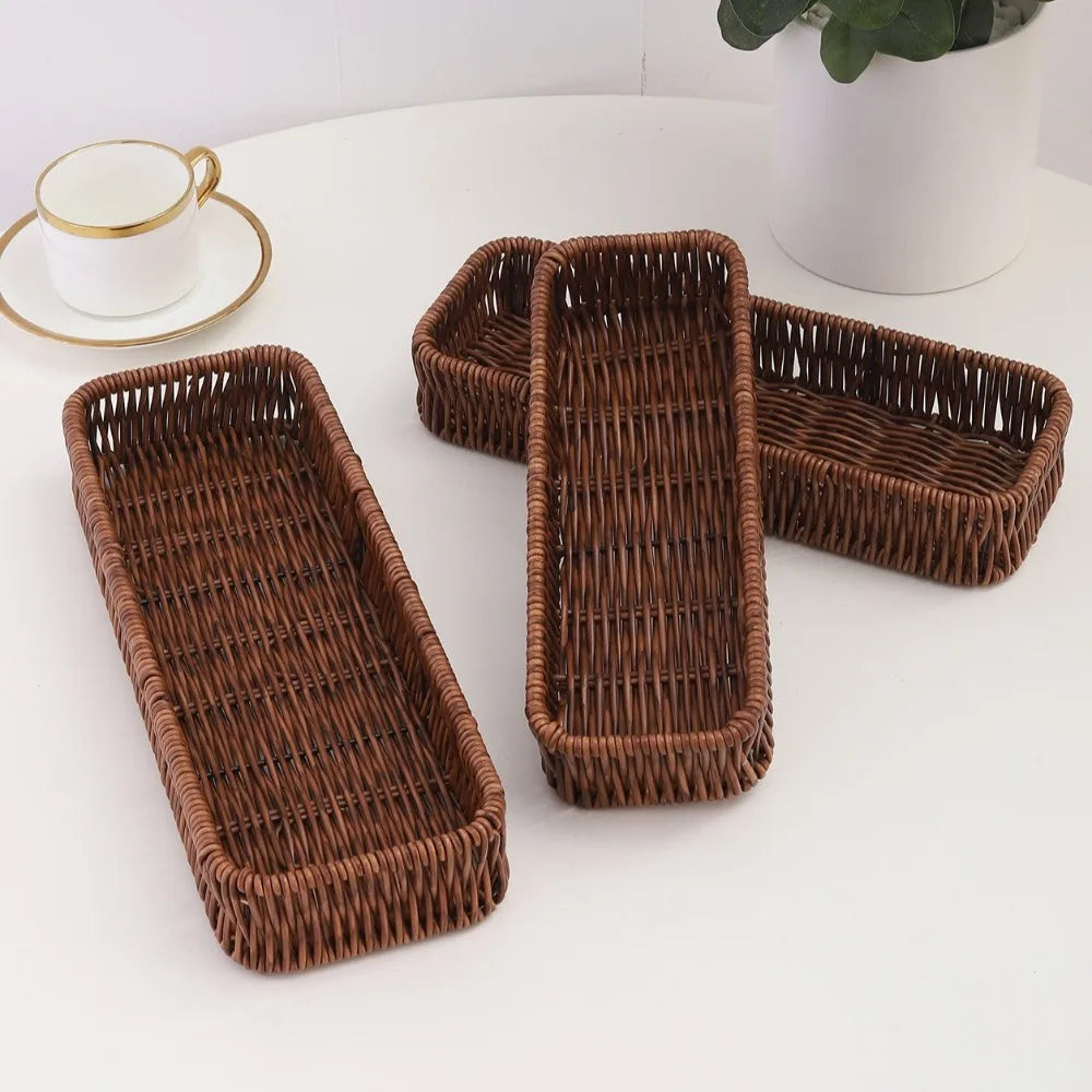 Faux Rattan Plastic Storage Basket Rectangle Wicker Tray Organizer Storage Basket Richie's